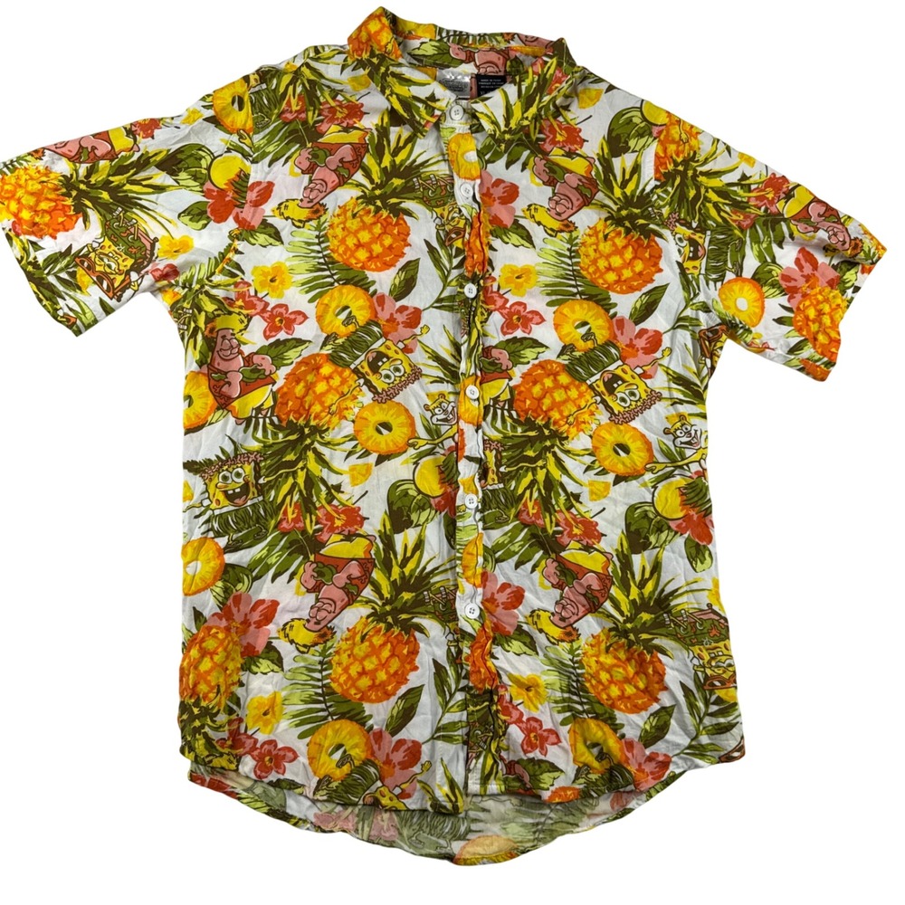 SpongeBob SquarePants Hawaiian Shirt XL White Tropical Pineapple Rayon Button Up